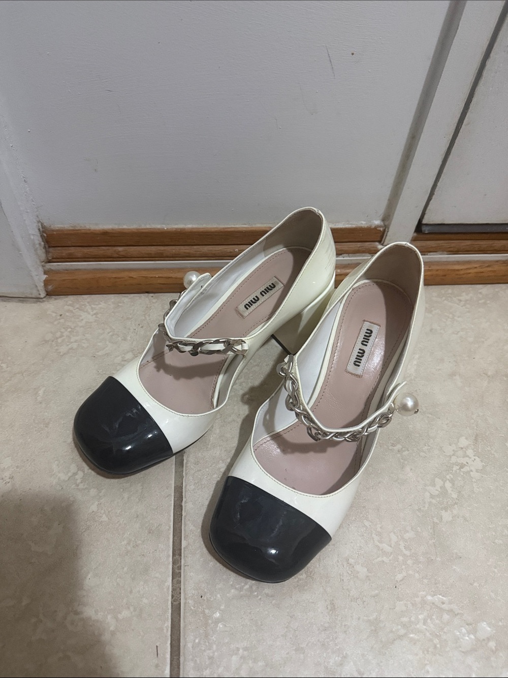Miu Miu Two-Tone Pearl Chain Mary Jane Pumps in White and Black